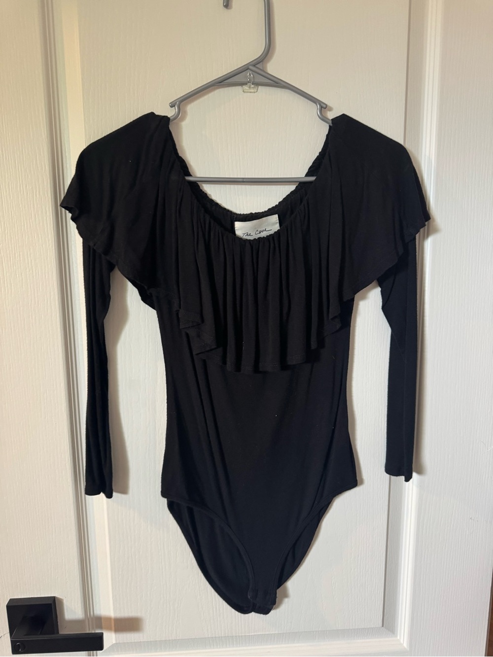 Ruffle-Trim Long Sleeve Bodysuit in Black